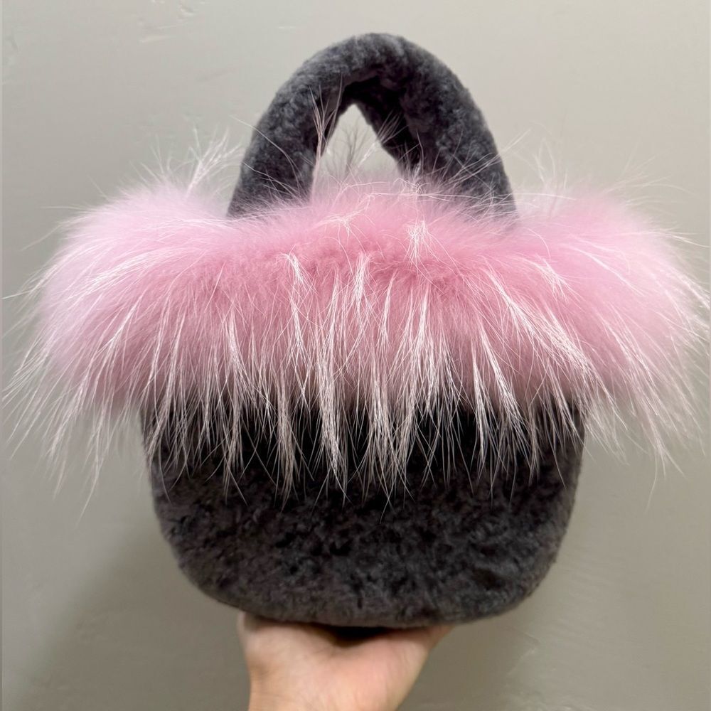 Real Shearling Leather with Finn Raccoon Fur Trimmed Handmade Top Handles Bag